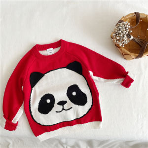 Autumn and Winter Boys and Girls Panda Pure Cotton Wire Sweater Baby Soft Childrens Double-Layer Sweater New Year Red Fashion