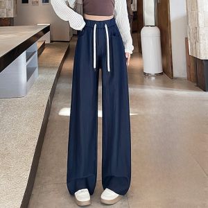 LANGPIN | กางเกงยีนส์ขากว้างเอวสูงสำหรับผู้หญิง กางเกงขายาวทรงหลวม ดีไซน์ลำลอง สไตล์ฤดูใบไม้ผลิ 2025 โพลีเอสเตอร์ผสมคอตตอน