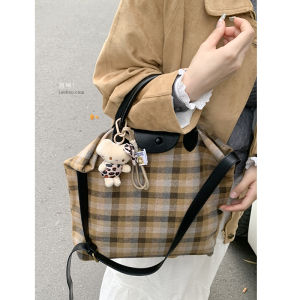 Fall and Winter Woolen Check Pattern Bag Womens 2024 New Arrival Trendy South Korea Niche Style Tote Bag Large Capacity Satchel Messenger Bag