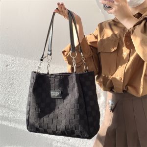 New Arrival Large Capacity Womens Shoulder Tote Bag Handheld Commuter Bag Korean Style Soft Cotton Pure Color Casual Bag