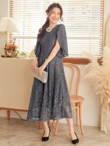 Summer New Splice Lace Dress Womens round Neck Chiffon Midi Skirt Casual Wear Small Dress Korean Style High Waist Bell Sleeve