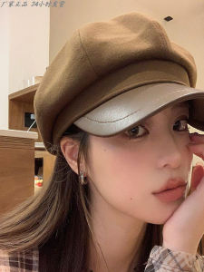 White Enhancing Octagonal Beret Hat Casual British Style Womens Face Slimming Leather Brim Hat Sunscreen Foldable Nylon