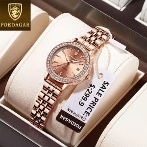 Jam Tangan Rosegold สวิสแท้สำหรับกันน้ำสำหรับผู้หญิงนาฬิกาข้อมือเพชรเรืองแสงบางเฉียบแบบดั้งเดิมปฏิทินสเตนเลส