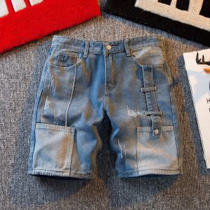 Trendy American High Street Patchwork Jeans Shorts Men Summer Loose Casual Design Straight Tube Five-Point Pants