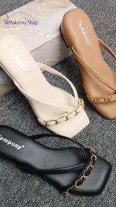 Makanny Shop - Marie Heels Wanita Daily 3 CM Variasi Tali Rantai Sandal Slip-On Jepit Anti Licin