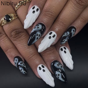 30pcs 2025 Halloween Almond Shape Scary Black and White Ghost Wearable 3D Fake Nails Art Patch False Nail Tips Manicure Sets