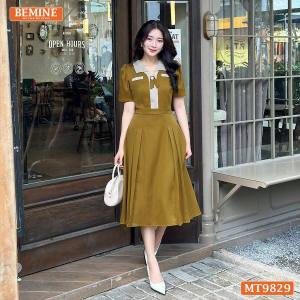 [DUY NHẤT 10-12.10-VOUCHER 40K]Đầm thiết kế BEMINE cổ V phối sọc dáng dài phù hợp đi làm đi chơi-MT9829