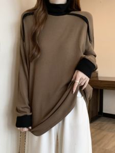 Laid-back Style Womens Sweatshirt Spring Autumn Half High Collar Base Layer Top plus Size Fat MM Medium Length Beauty Rust Upper Body