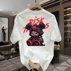 Hot selling mens high street cartoon printed polyester micro elastic breathable round neck T-shirt outdoor urban fashion top