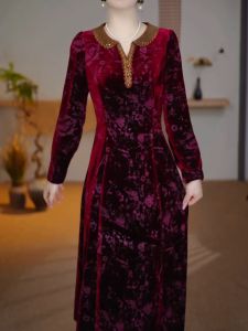 Elegant Vintage Chinese Style Midi A-Line Dress Spring Autumn Long Sleeve round Neck High Waist Classy Mature Womens Dress