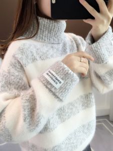 Áo Len Dệt Kim Cổ Cao Kẻ Sọc Dày Dặn Cho Nữ Mùa Thu Đông Lót Lông Cừu Cho Học Sinh Trung Học Cơ Sở Và Tiểu Học