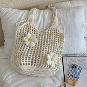 Womens Large Capacity Solid Color Crochet Tote Bag Knitted Hollow Design Fashionable Beach Shopping Bag for Travel And Vacation