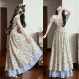 Unique Vintage Floral Waist-Cinching Dress Summer
