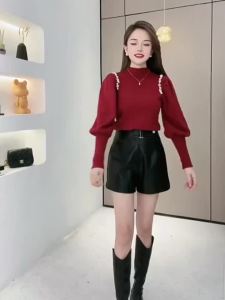 Slim Fitting Lantern Sleeve Sweater Inner Wear Half High Collar