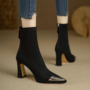 Handmade Womens Metal Toe Boots Elastic Short High Heels Waterproof Platform Fashionable Thick Heel Zipper Closure Spring Autumn