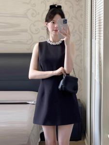 CHANGTONG | French High-End Elegant Little Black Dress Unique Beautiful Sleeveless Vest Dress Women Summer Fashionable High Waist Diamond Embellished A-Line Short Skirt