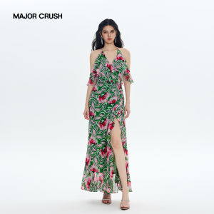 Vacation Style Slit Halterneck Floral Dress