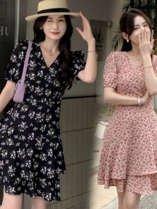 Floral Print Vintage Dress Gathered Waist Bubble Sleeve V-Neck Short Sleeve Midi Skirt A-Line Silhouette Summer New Arrival