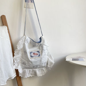 Spring Summer 2025 New Style Sweet Shoulder Canvas Bag Womens Fashion Casual Lace Trim Bookbag Soft Handle Printed Magnetic Buckle