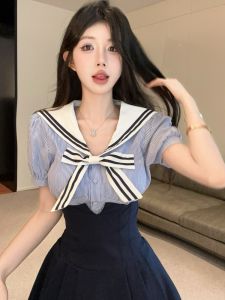 GUZILIAN | Korean Style Slim Fit Striped Shirt Top High Waist Pleated Mini Skirt JK Uniform Set Color Block Turn Down Collar Two Piece Set