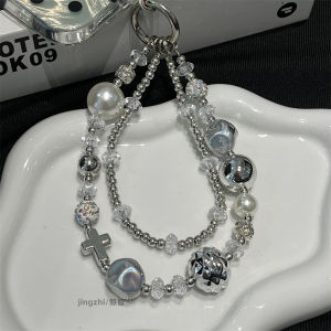 New Silver High-End Feel Mobile Phone Chain Womens Style Bracelet Keychain Beaded Short Chain Hanging Ornament Anti-Lost