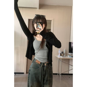 เสื้อคาร์ดิแกนแขนยาวบางสไตล์ฝรั่งเศสสำหรับผู้หญิงในฤดูใบไม้ร่วง เสื้อคลุมกันแดดแบบสั้น ทรงหลวม ปกโปโล ผ้าถัก