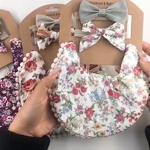 1 Set Baby Drool Towel Bandana Set Linen Cotton Solid Color Printed Childrens Double Sided Bibs Adjustable Bibs Bow Tie Hair Bands