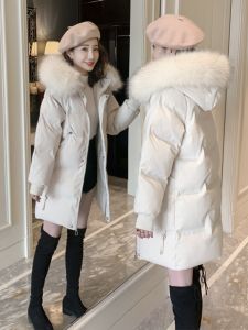 Womens Mid-Length Slim Fit down Jacket with Large Fur Collar Winter Coat Hooded Thick Trendy Korean Style Commute Fashion
