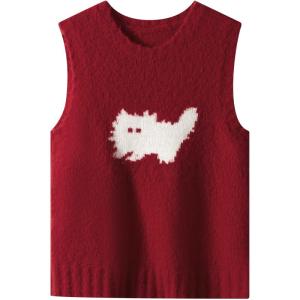 SOLWEIGE | SOLWEIGE Knitted Sweater Vest Cat Pattern Color Block Short Style Polyester Fiber Animal Print Casual Wear For Young Adults