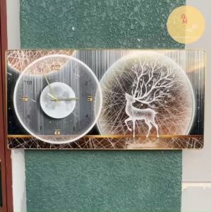 Tranh đồng hồ treo tường Hươu Tài Lộc Hiện Đại tranh đồng hồ tráng gương trang trí phòng khách phòng ngủ - Tranh Tường Shop GM01