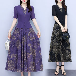 Impression Fashion Store Women Chiffon Elegant V-neck Long Sleeve Floral Stitching A-line Fake 2 Pcs Midi Pleated Dress
