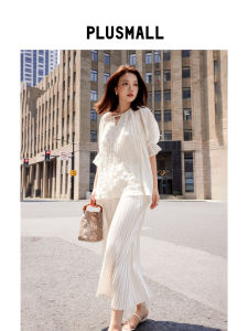 Elegant Office Blouse Sparkling Lace-up Design Satin Pleated Skirt