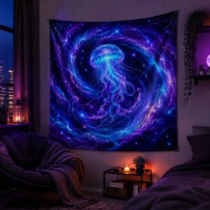 VIKAMA Witch Dancing Jellyfish Blacklight Wall Tapestry Neon Glow Gothic Magic Ocean Home Decor Retro Style Soft Durable Cozy