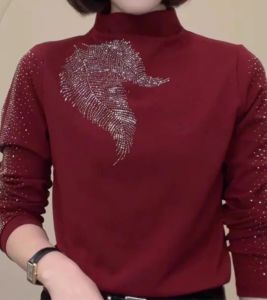 Thickened Warm Half High Collar Base Shirt Womens Fashionable Diamond Embellished Long Sleeve Inner Wear Mommy Style Winter Top