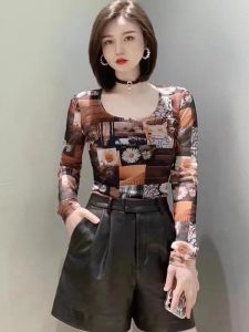 Casual Long Sleeve U-Neck Printed Mesh Texture Base Shirt T-Shirt Womens Fashion Spring Summer New Arrival by Geedi Amash