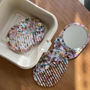 แบบพกพาพับกระจกหวีสีชมพูสีฟ้า Golden Anti Static ฟันพลาสติกผู้หญิง Hair Care เครื่องมือแต่งหน้าของขวัญอุปกรณ์เสริมความงาม