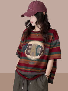Fashionable Striped Casual Short Sleeve T-Shirt Womens Top Belly Covering Slimming Summer New Arrival Xiangduoruo Clothing