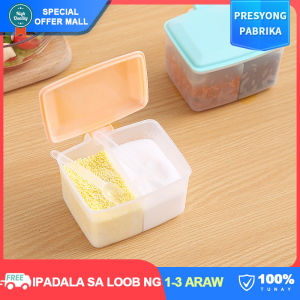 【Japanese Style】2-in-One Seasoning Storage and Dispense Boxes with Spoons Lid Handle Two Compartments Kitchen Salt Sugar Container Condiment Organizer Jars Flip Spice Pots