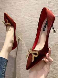 Red Silk Satin High Heels Womens Thin Heel Spring Autumn New Wedding Shoes Rhinestone Butterfly Knot Pointed Toe Bride Single Shoes