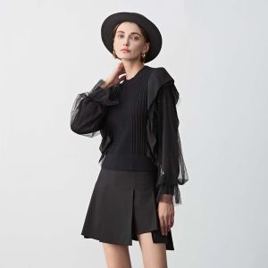 S·DEER | Áo Sweater Len Thêu MESH Ren Cổ Tròn Ống Dập Liền Thu