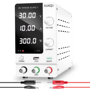 KUAIQU แหล่งจ่ายไฟ DC 30V 10A 300W เบนช์ของแหล่งจ่ายไฟแปรผันพร้อมจอแสดงผลแอลอีดี4หลัก USB ชาร์จเร็วสวิตช์จ่ายไฟสลับปรับได้พร้อมตัวเข้ารหัสเอาต์พูท บิดปรับระดับเปิด/ปิด ปุ่มสำหรับซ่อมโทรศัพท์