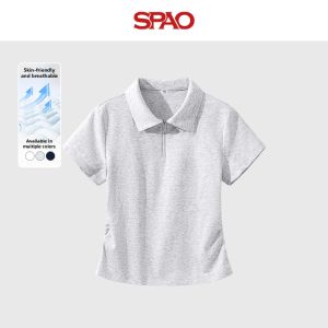 spao | Bear Embroidery Zip Polo Elastic Waist Slimming Short Shirt