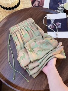 QIAOXIZI | Summer Slimming Elastic Waist Print Ice Silk Wide Leg Pants