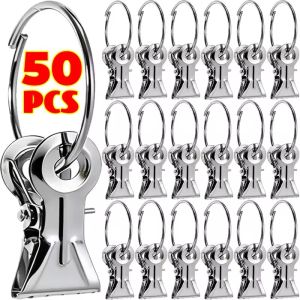 10/50x Metal Curtain Hook Curtain Ring Rod Clip Shower Clothespin Silver Buckle Hanging Ring Non-Slip Flexible Curtain Hook Home Storage Decoration Supply