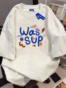 Wassup American Design Short Sleeve Cotton T-Shirt Mens Loose Fit Summer Trendy Brand Heavyweight Pure Cotton Top