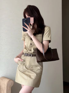 Spring Summer 2025 Womens Shirt Dress Short Sleeve Waist Cinched Bodycon Mini Skirt with Belt Half Open Collar Commute Style