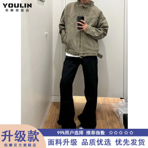 กางเกงยีนส์ทรงตรงเอวสูงสำหรับผู้ชาย สไตล์สตรีทอเมริกัน สีดำ ทรงสลิมฟิต กางเกงขายาวทรงตรง ทรงลำลอง ทรงลำลอง