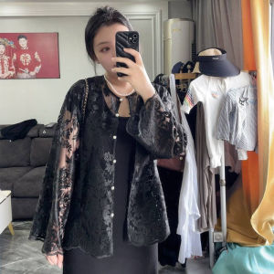 เสื้อคลุมผ้าโปร่งลายปักพร้อมเสื้อกั๊กแขนกุด ทรงหลวม แขนยาว ปกโปโล สีพื้น สำหรับผู้หญิงไซส์ใหญ่