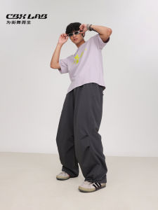 กางเกงทำงานสไตล์ฮิปฮอปสำหรับผู้ชาย กางเกงขายาวทรงหลวมเอวกลาง ผ้าฝ้ายผสมโพลีเอสเตอร์และยางยืด ฤดูใบไม้ผลิและฤดูร้อน