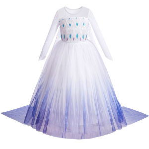 Disney Elsa White Princess Dress Frozen Long Sleeves Lace Costume Snow Queen Ball Gown Lace Diamond Decoration Dress for Girl